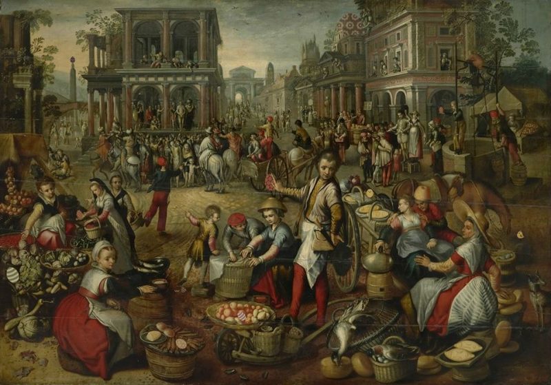 painting with many people in a crowded market