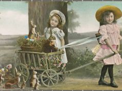 illustration of two girls with bunnies and eggs