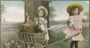 illustration of two girls with bunnies and eggs